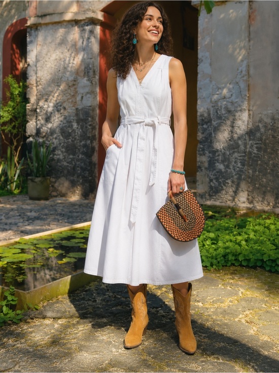 Sundance Dresses & Skirts - Sundance Poppy White Denim Belted Midi Dress V-Neck Size 14 Pockets Cotton